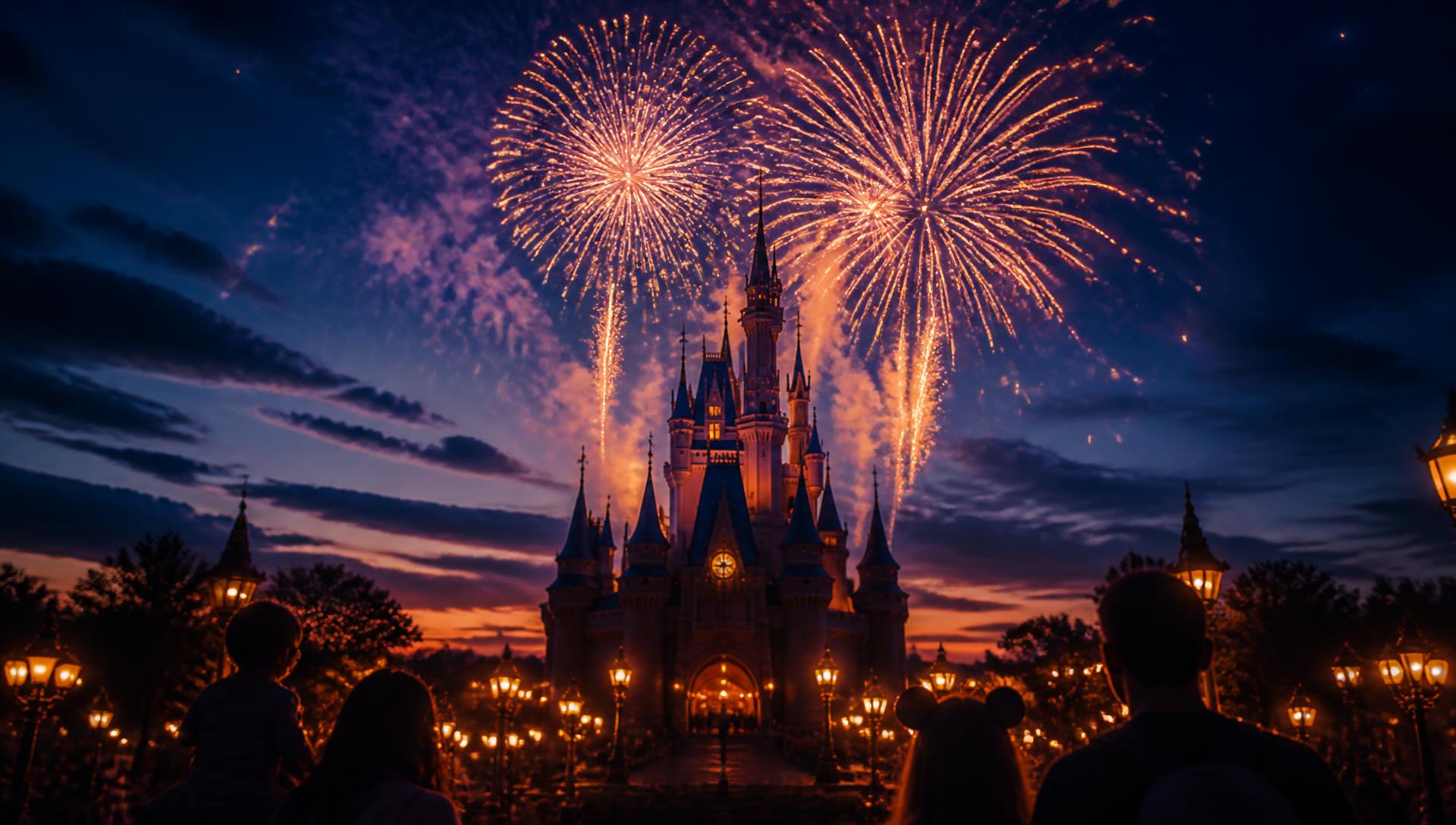 Fairytale castle lit up at twilight beneath golden fireworks